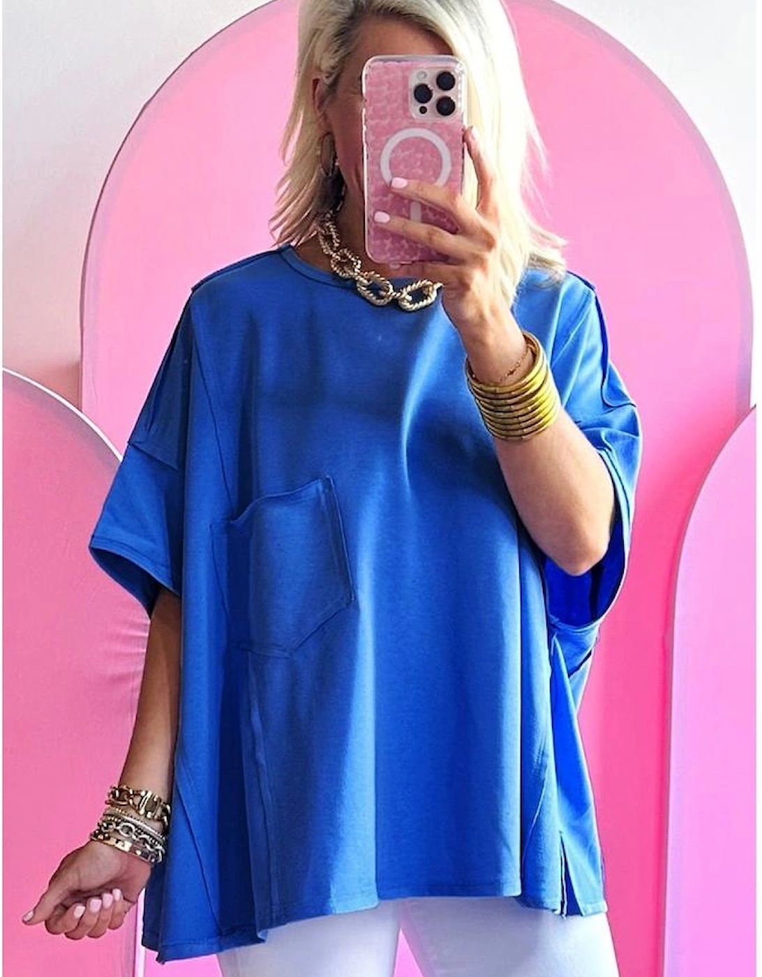 Blue Patched Pocket Exposed Seam Oversize T-shirt