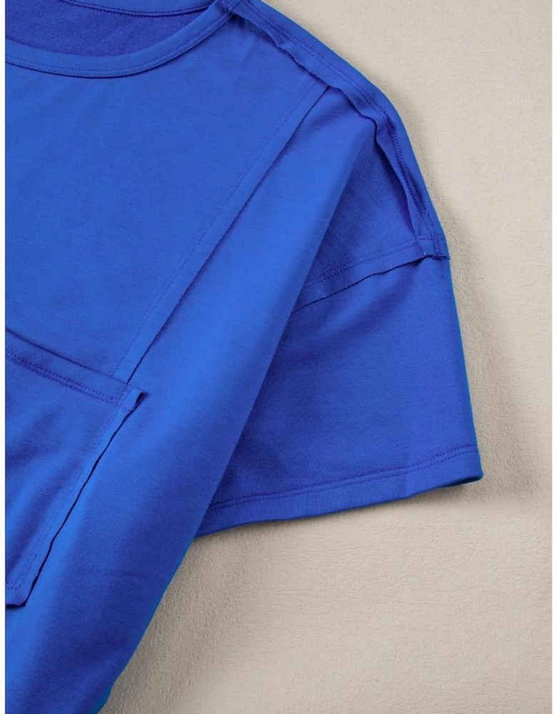 Blue Patched Pocket Exposed Seam Oversize T-shirt
