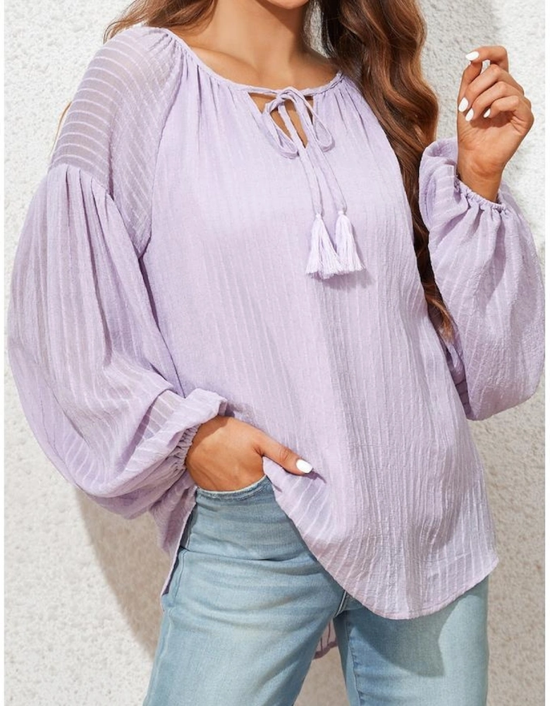 Azura Exchange Purple Lantern Sleeve Stripe Tassel Drawstring Blouse