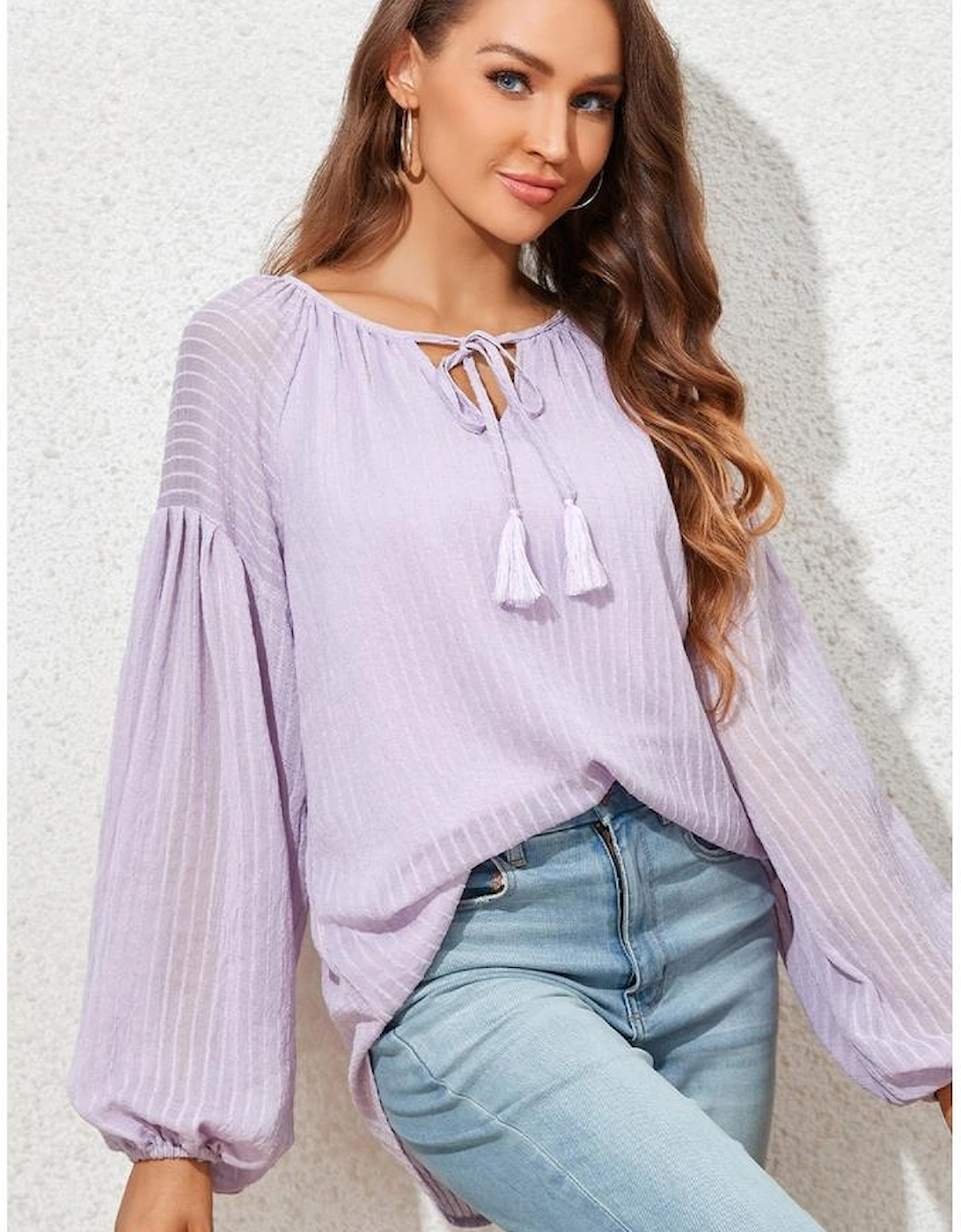 Azura Exchange Purple Lantern Sleeve Stripe Tassel Drawstring Blouse, 8 of 7