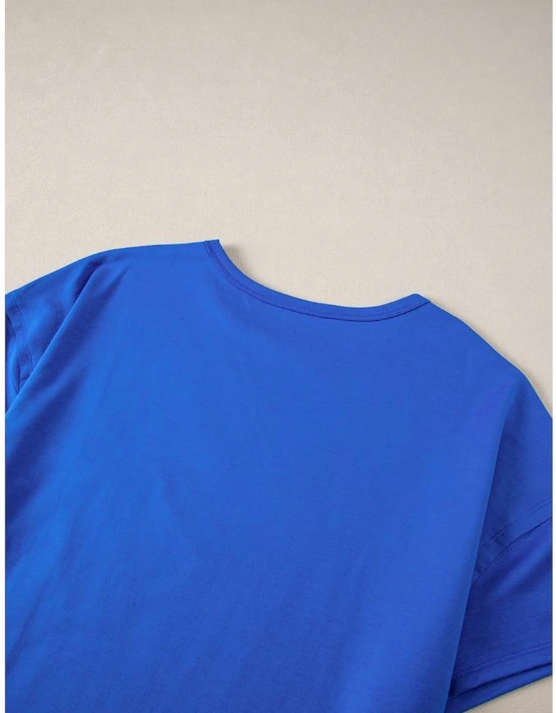 Blue Patched Pocket Exposed Seam Oversize T-shirt