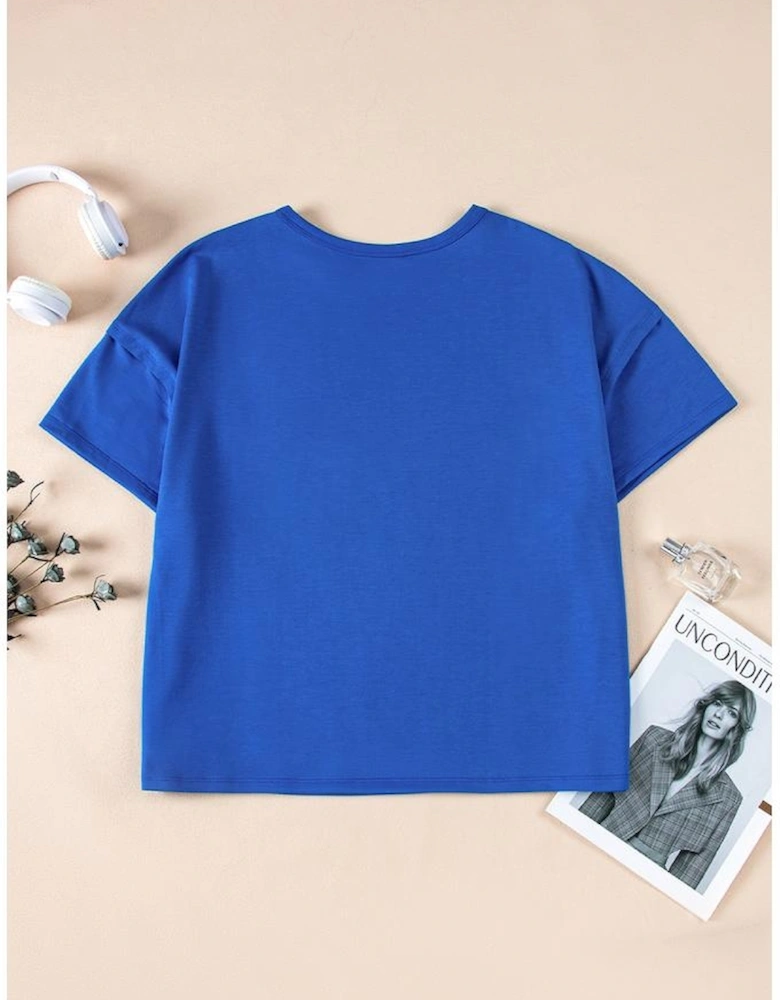 Blue Patched Pocket Exposed Seam Oversize T-shirt
