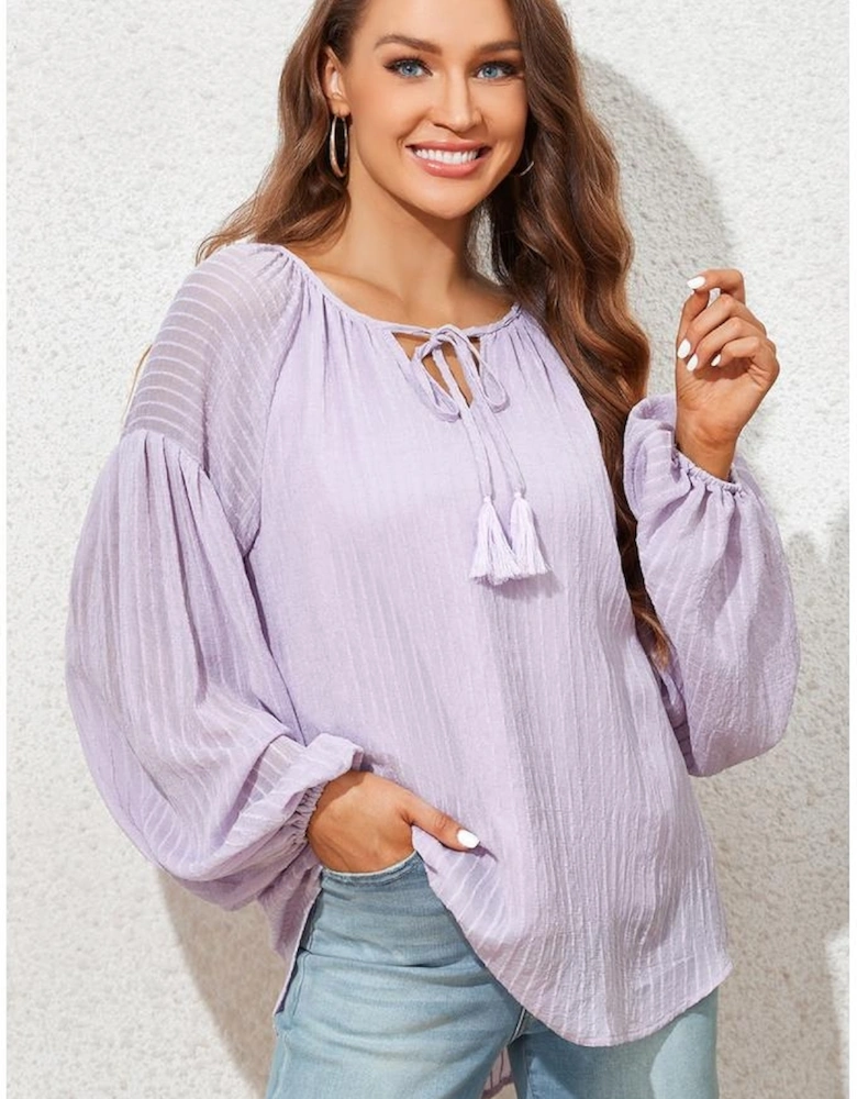 Azura Exchange Purple Lantern Sleeve Stripe Tassel Drawstring Blouse