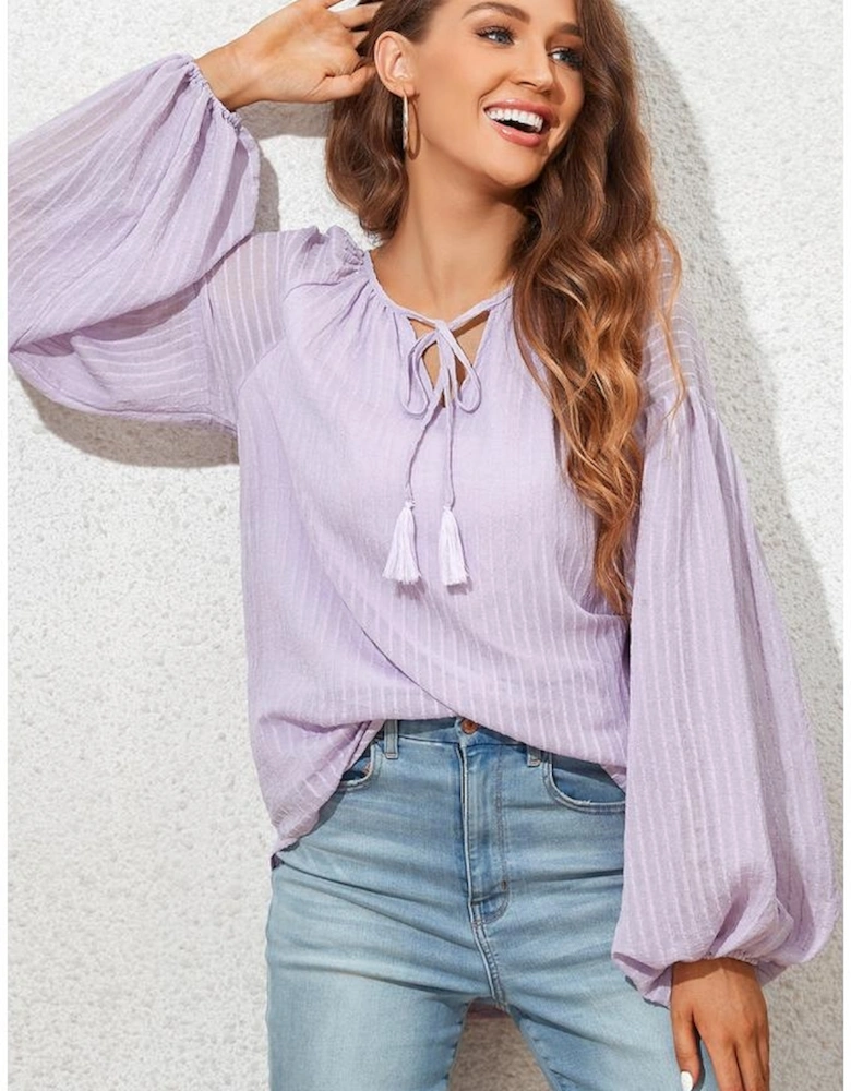 Azura Exchange Purple Lantern Sleeve Stripe Tassel Drawstring Blouse