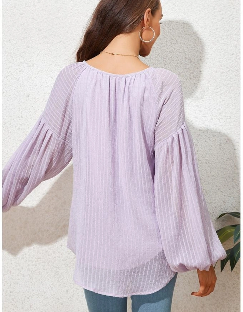 Azura Exchange Purple Lantern Sleeve Stripe Tassel Drawstring Blouse