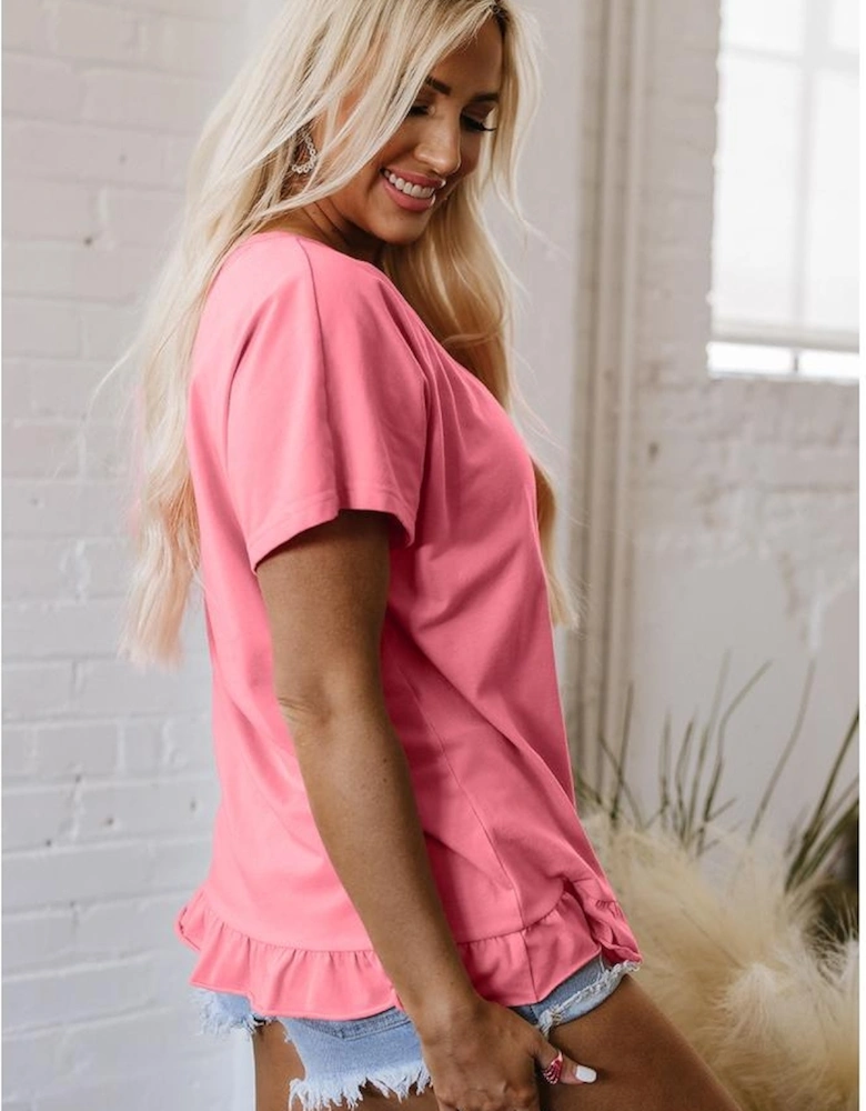 Pink Frilled Hem Loose T-Shirt