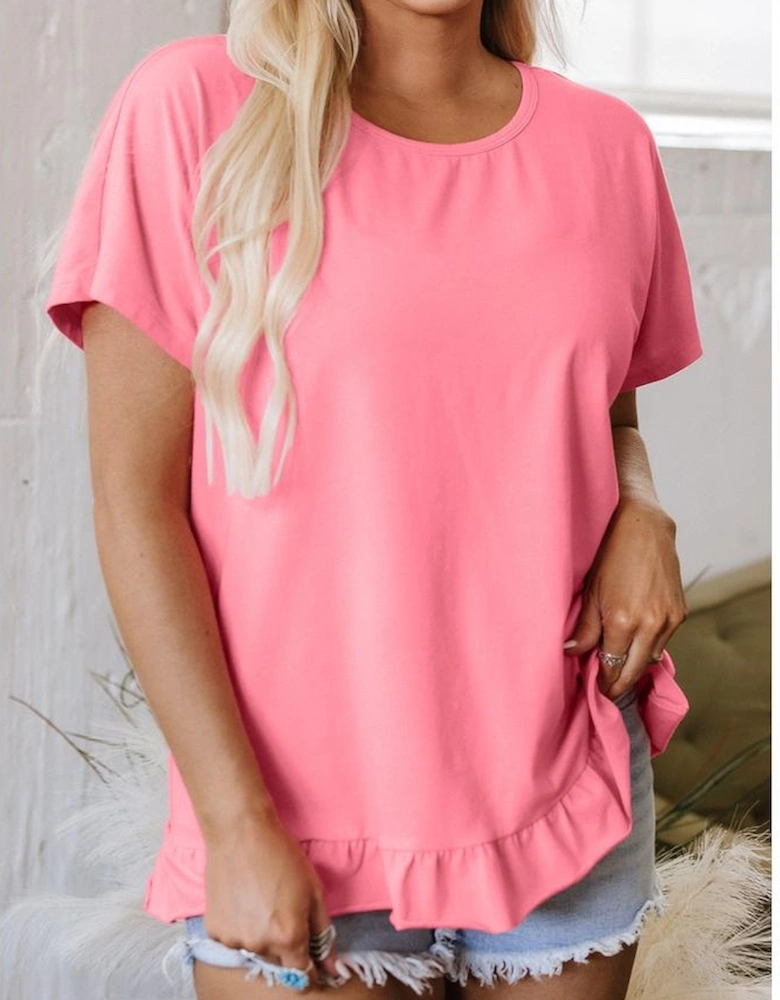 Pink Frilled Hem Loose T-Shirt