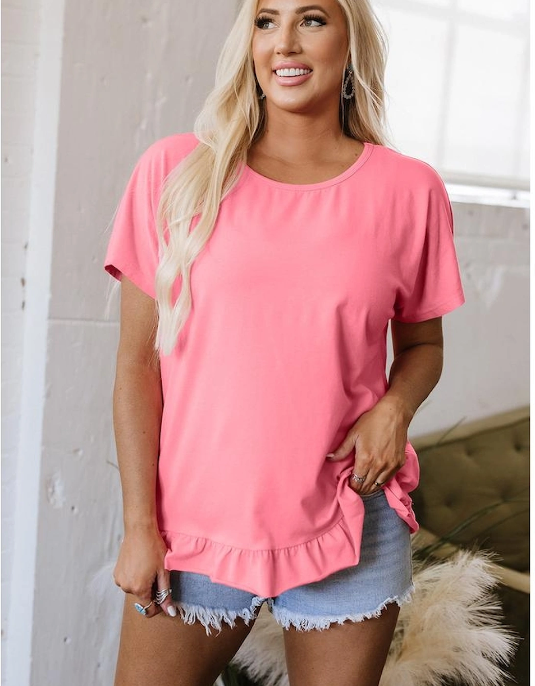 Pink Frilled Hem Loose T-Shirt