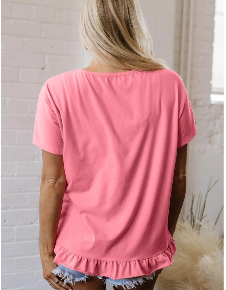 Pink Frilled Hem Loose T-Shirt