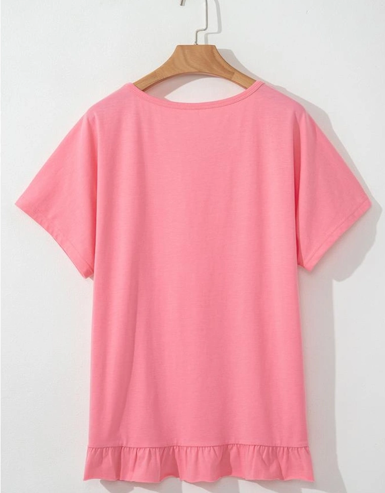 Pink Frilled Hem Loose T-Shirt