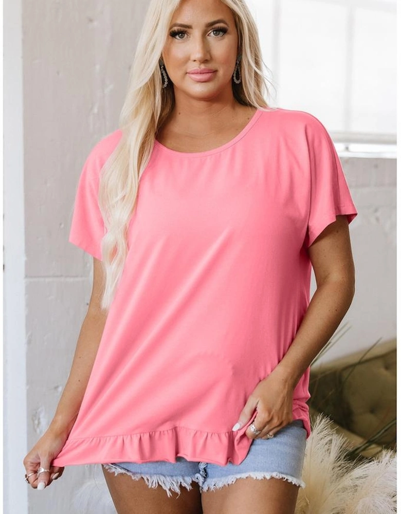 Pink Frilled Hem Loose T-Shirt