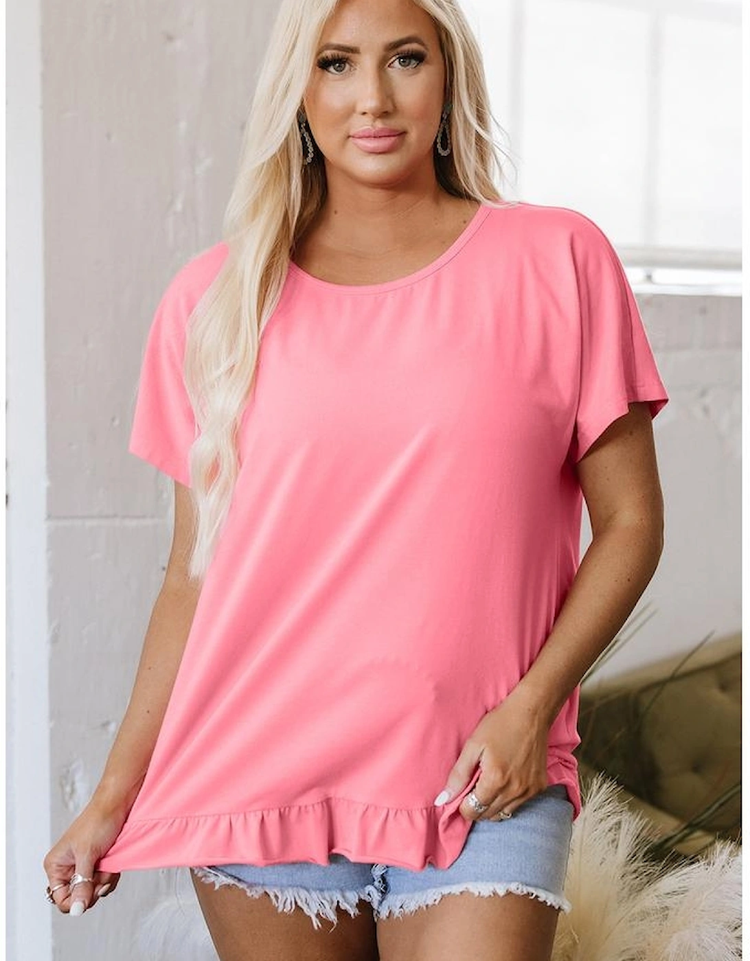 Pink Frilled Hem Loose T-Shirt