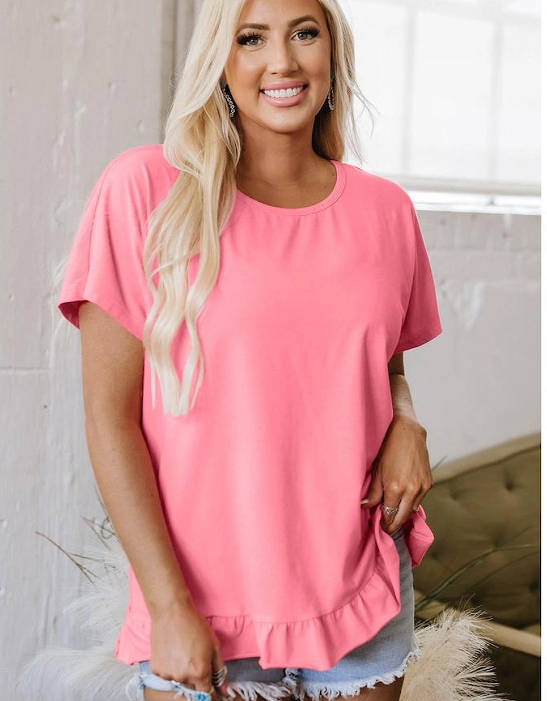 Pink Frilled Hem Loose T-Shirt