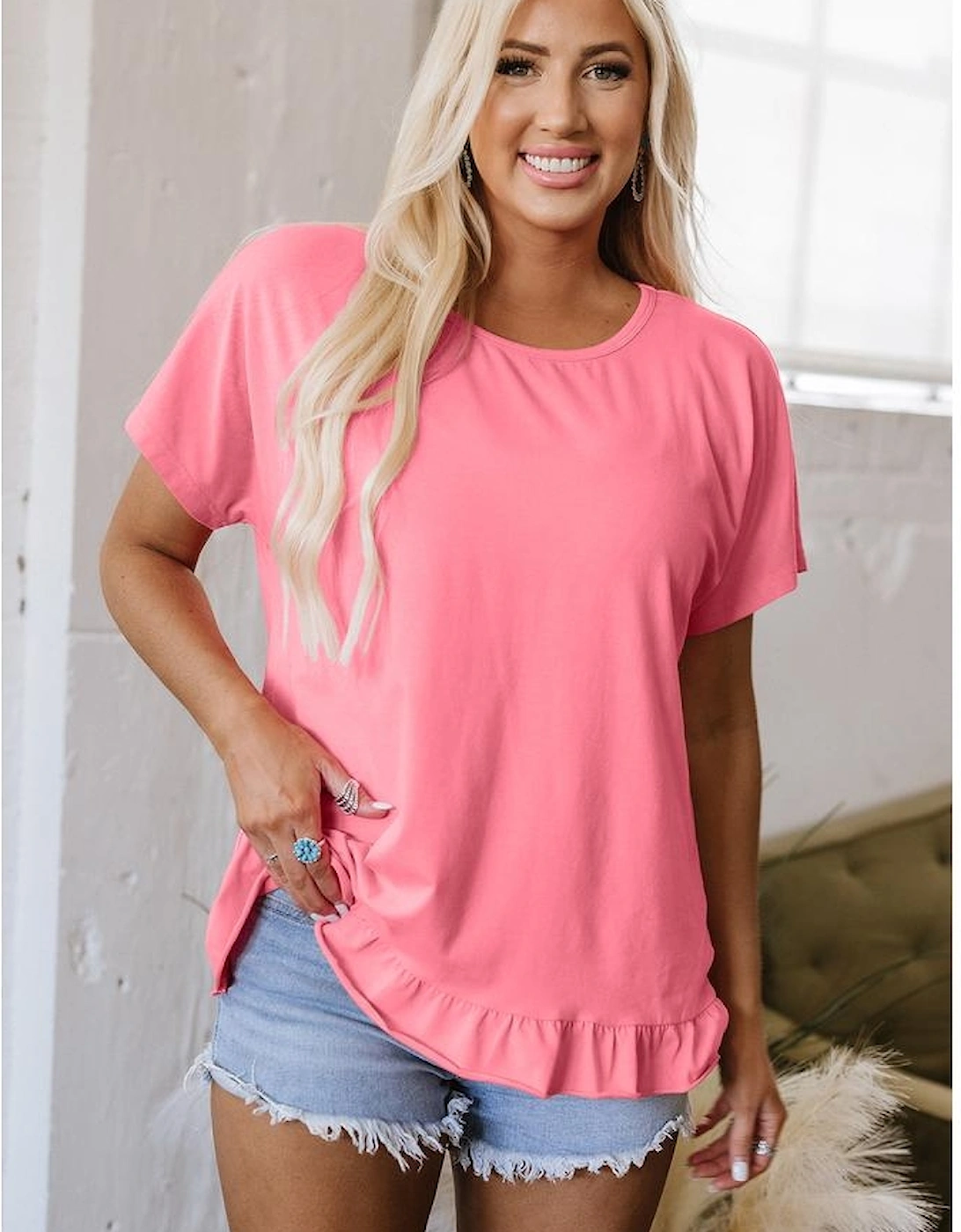 Pink Frilled Hem Loose T-Shirt