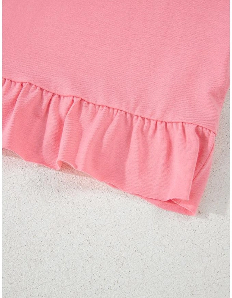 Pink Frilled Hem Loose T-Shirt