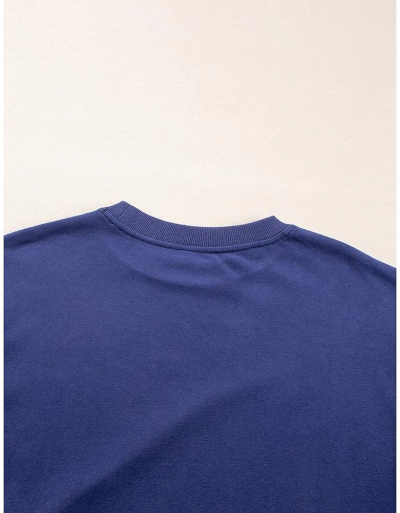Navy Blue Plain Drop Shoulder Crewneck Pullover Sweatshirt