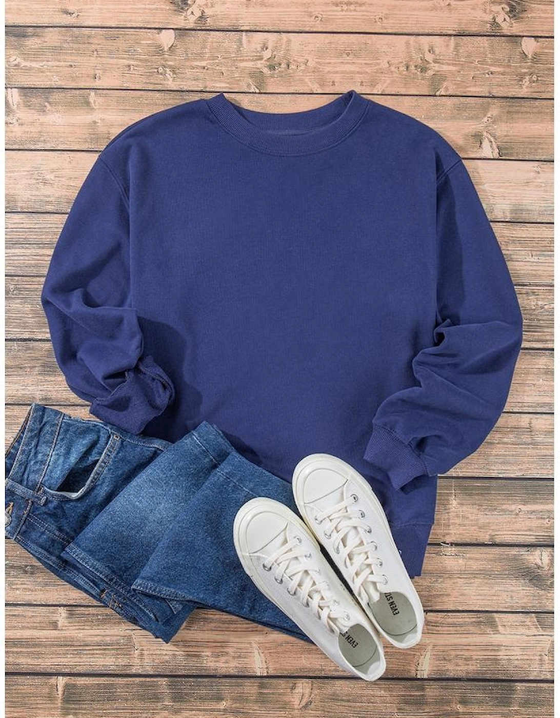 Navy Blue Plain Drop Shoulder Crewneck Pullover Sweatshirt