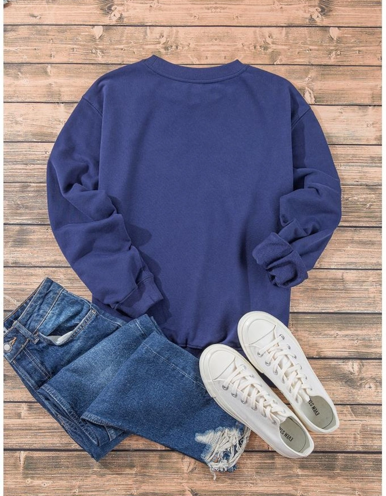 Navy Blue Plain Drop Shoulder Crewneck Pullover Sweatshirt