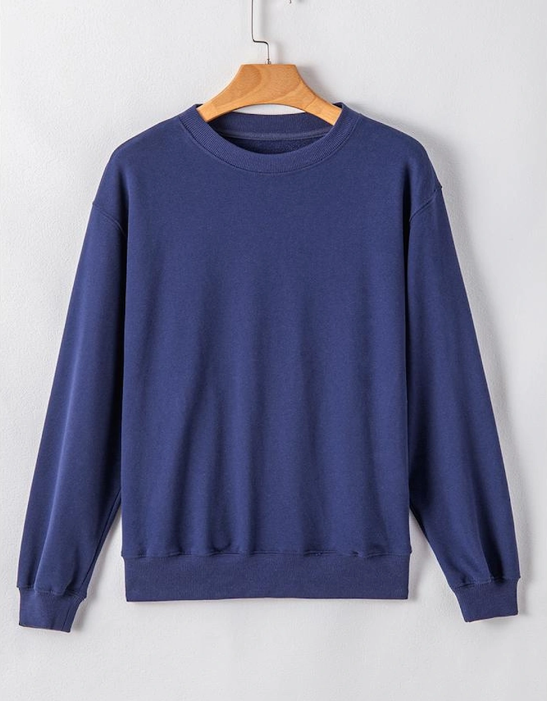 Navy Blue Plain Drop Shoulder Crewneck Pullover Sweatshirt