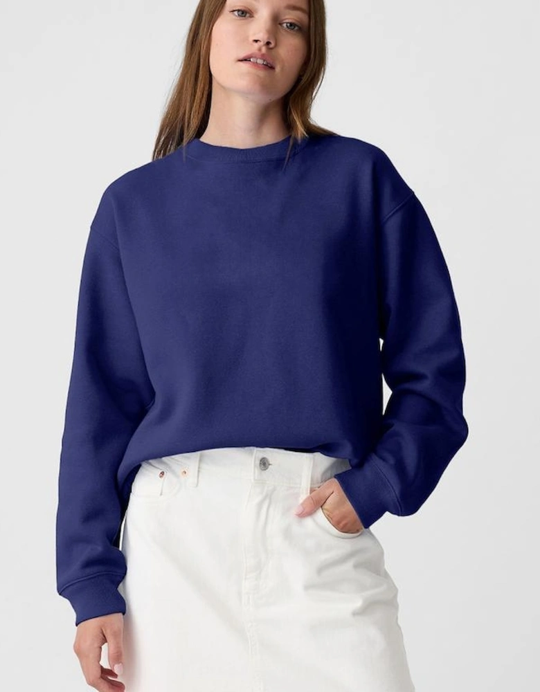 Navy Blue Plain Drop Shoulder Crewneck Pullover Sweatshirt