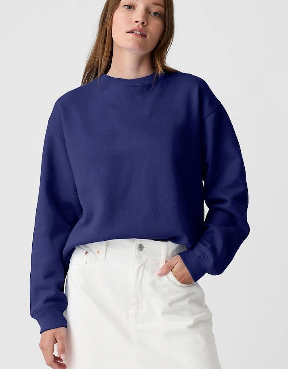 Navy Blue Plain Drop Shoulder Crewneck Pullover Sweatshirt