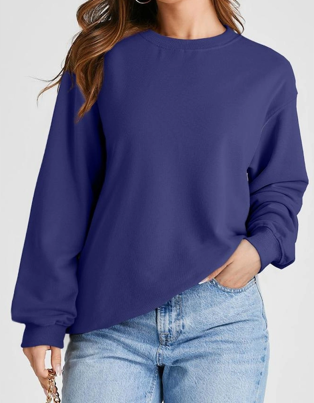 Navy Blue Plain Drop Shoulder Crewneck Pullover Sweatshirt