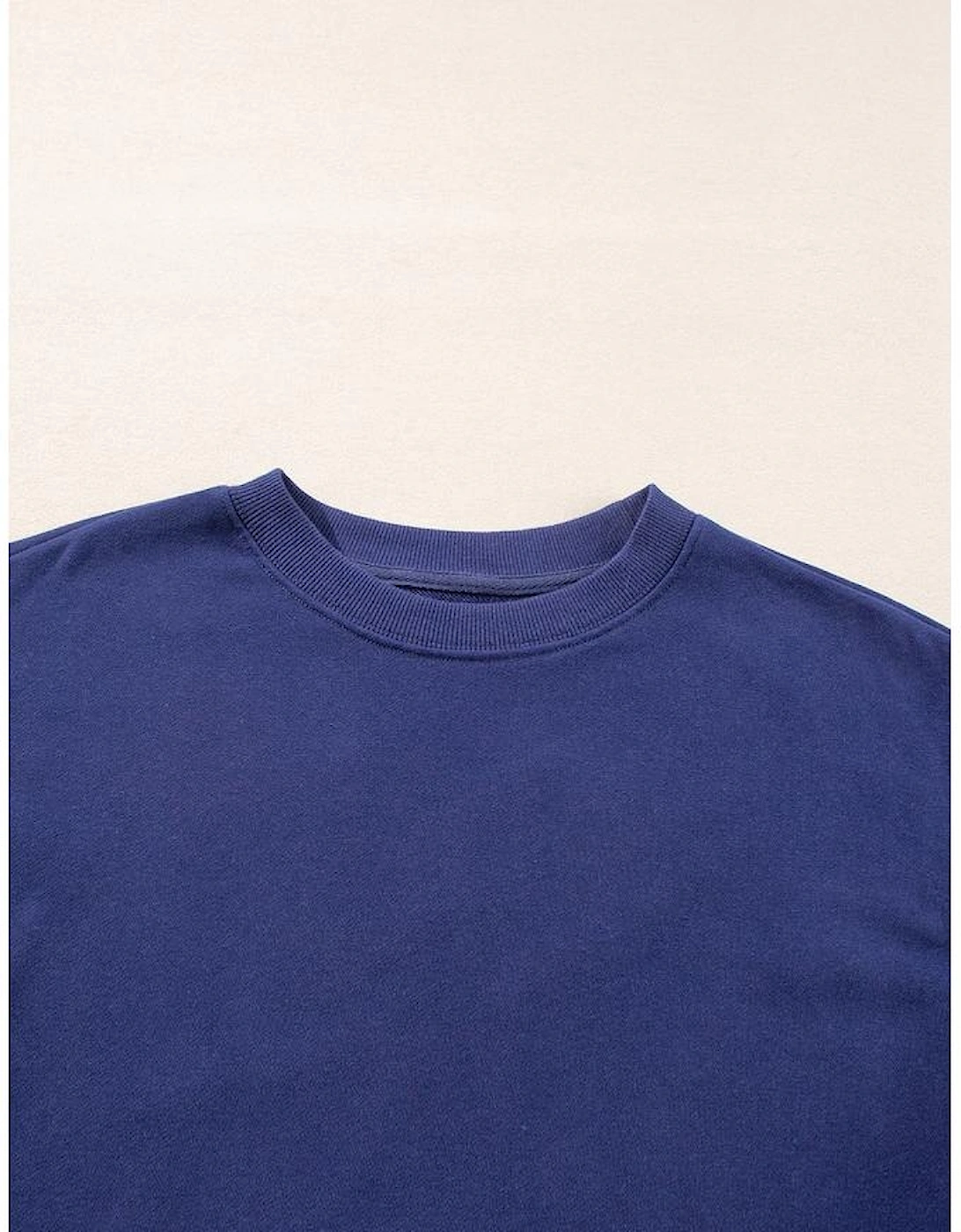 Navy Blue Plain Drop Shoulder Crewneck Pullover Sweatshirt