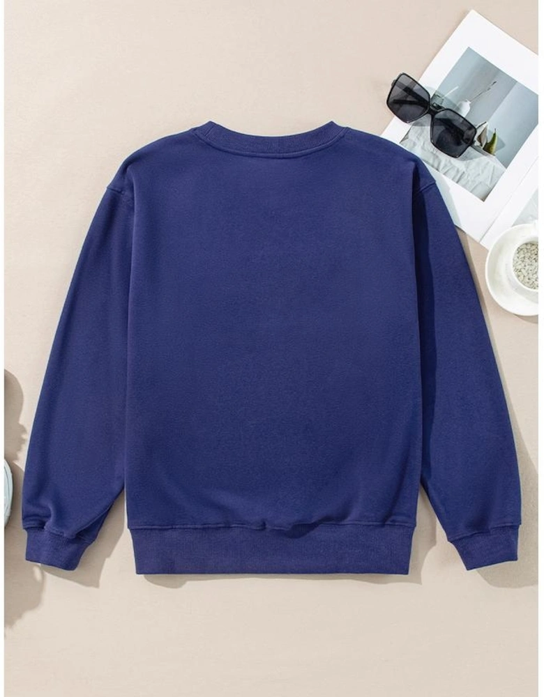 Navy Blue Plain Drop Shoulder Crewneck Pullover Sweatshirt