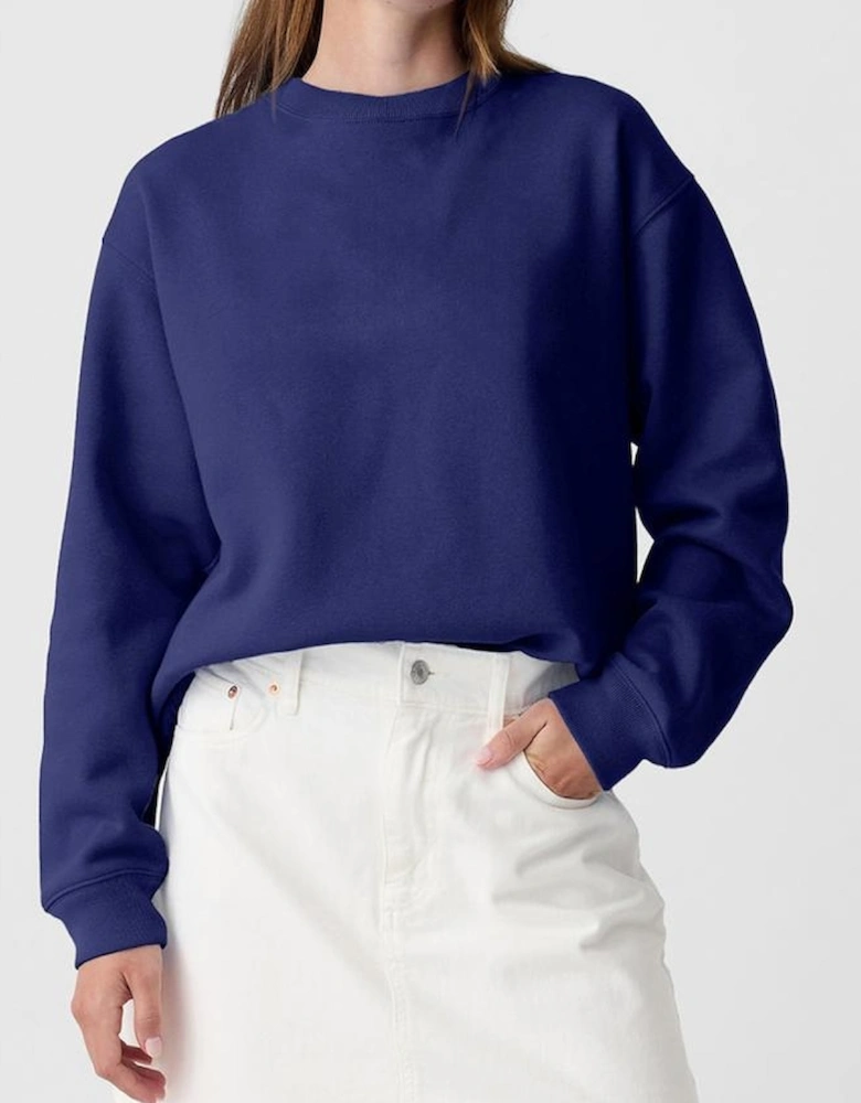 Navy Blue Plain Drop Shoulder Crewneck Pullover Sweatshirt