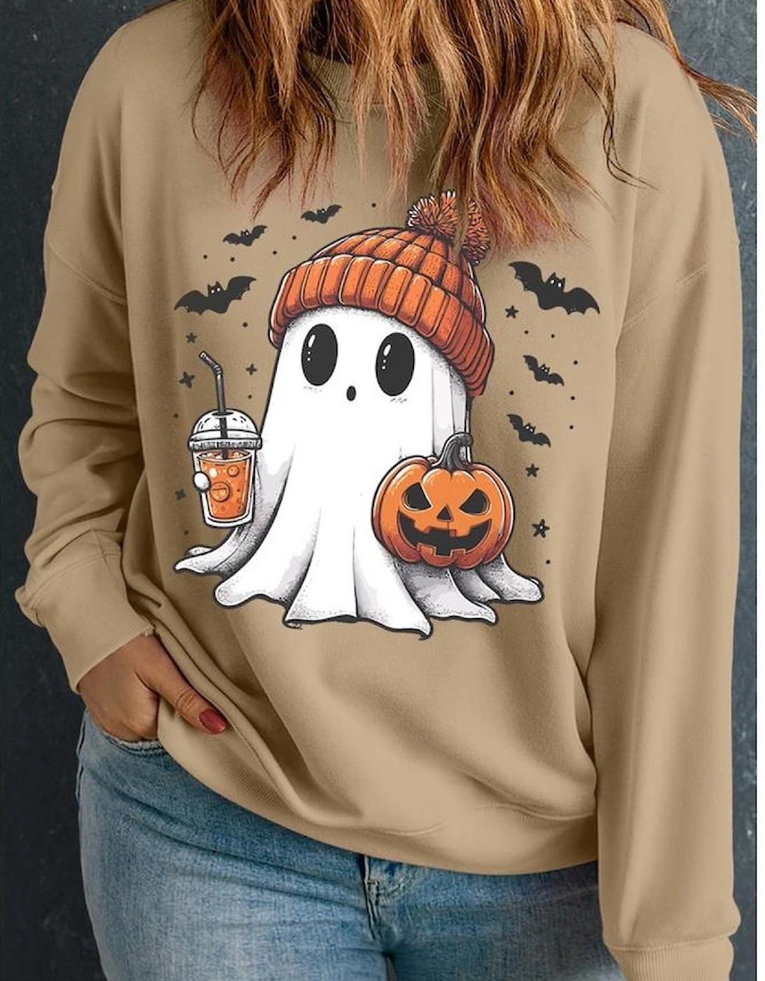 Apricot Cute Ghost Pumpkin Printed Plus Size Halloween Sweatshirt, 3 of 2