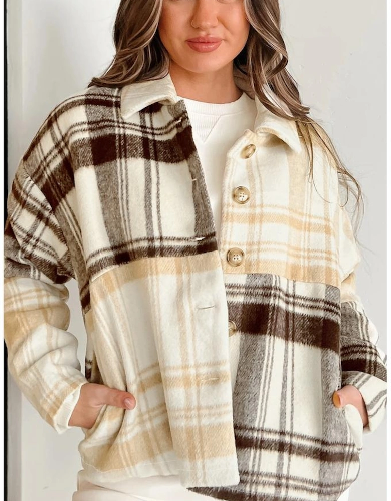 Multicolour Plaid Patchwork Side Pockets Buttoned Shacket