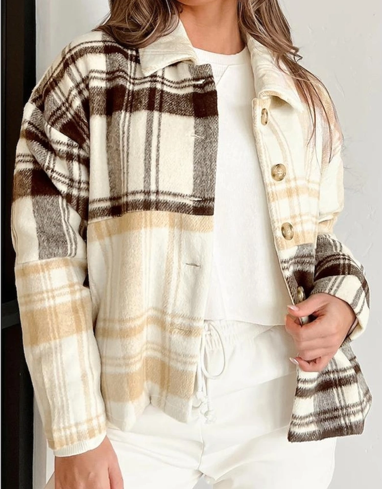 Multicolour Plaid Patchwork Side Pockets Buttoned Shacket