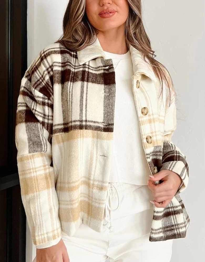 Multicolour Plaid Patchwork Side Pockets Buttoned Shacket