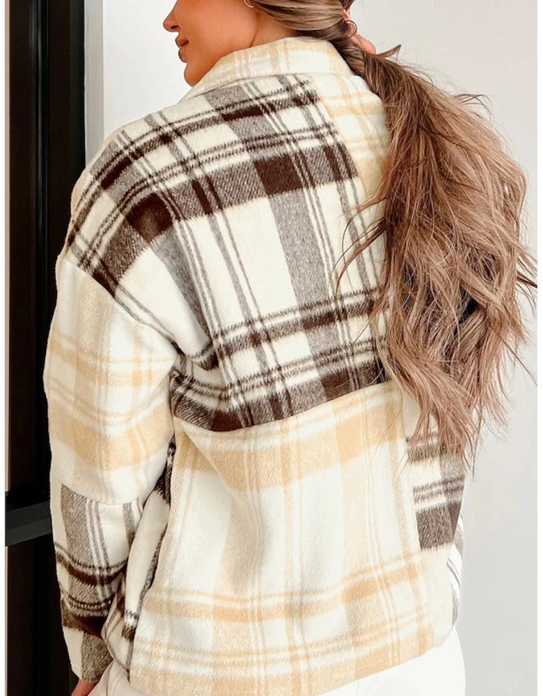 Multicolour Plaid Patchwork Side Pockets Buttoned Shacket