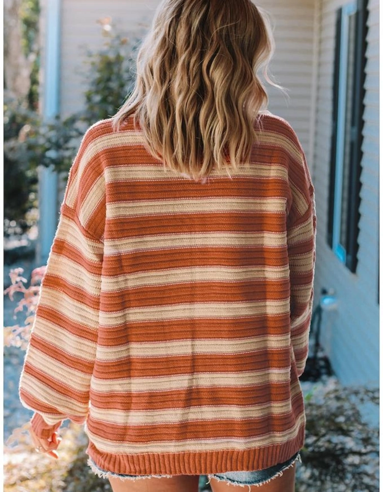 Orange Stripe Ribbed Trim Drop Shoulder Sweater