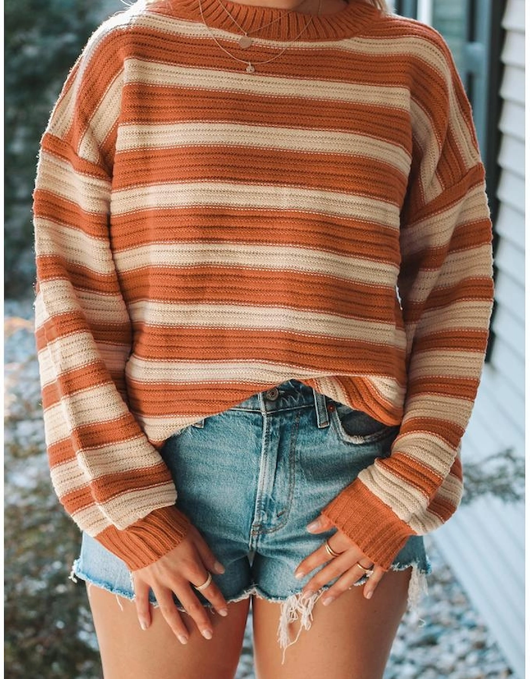 Orange Stripe Ribbed Trim Drop Shoulder Sweater