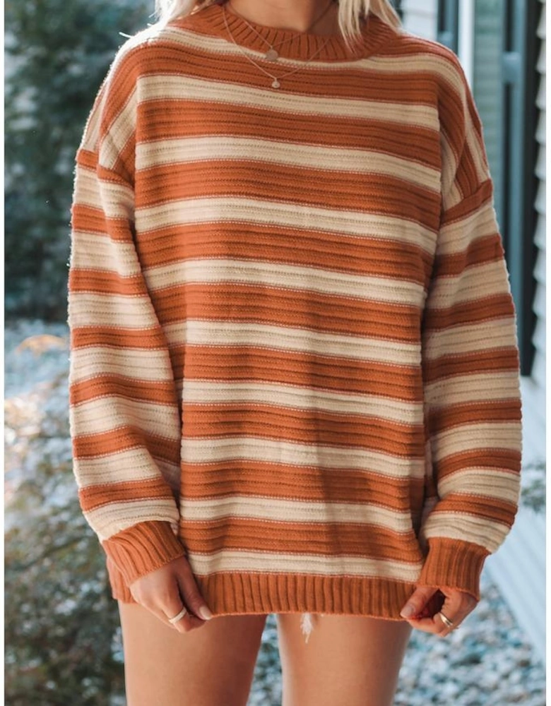 Orange Stripe Ribbed Trim Drop Shoulder Sweater