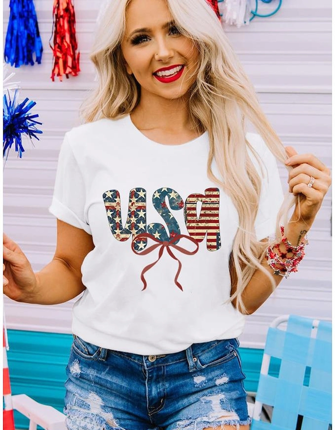White usa Bow Letter Graphic Independence Day Fashion Tee