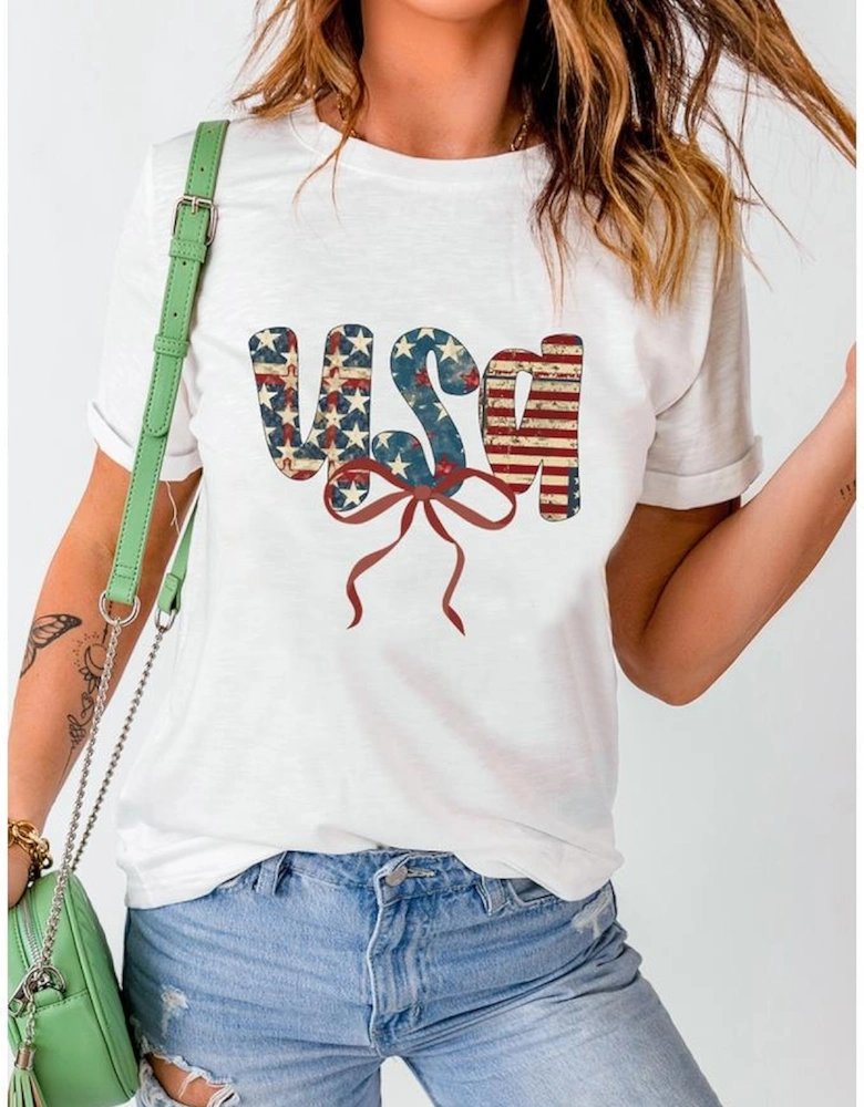 White usa Bow Letter Graphic Independence Day Fashion Tee