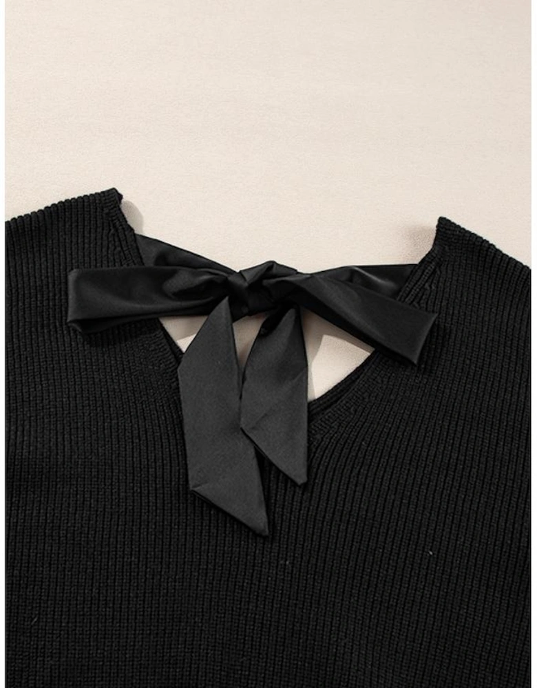 Black Lantern Sleeve V Neck Knot Back Sweater