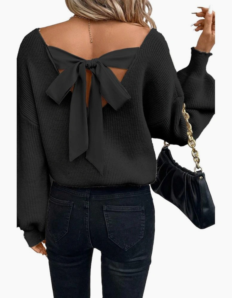 Black Lantern Sleeve V Neck Knot Back Sweater