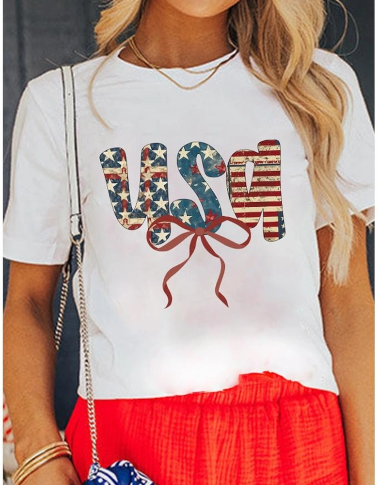 White usa Bow Letter Graphic Independence Day Fashion Tee