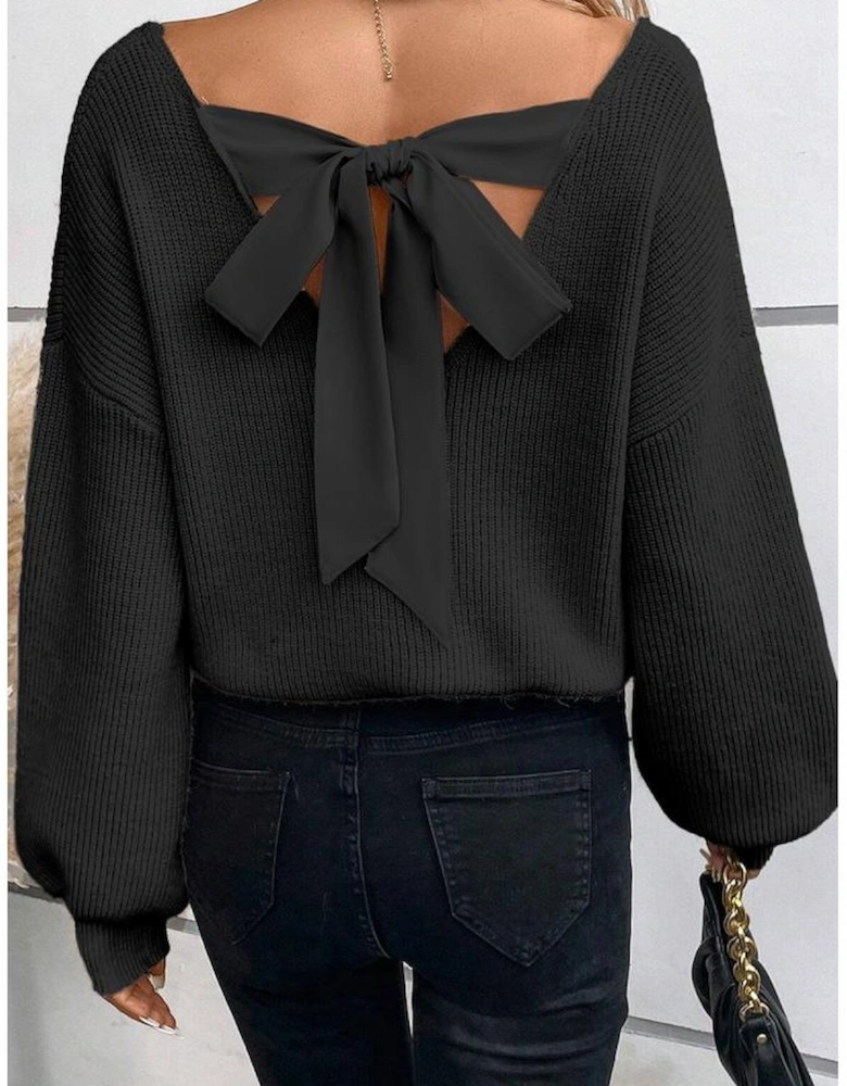 Black Lantern Sleeve V Neck Knot Back Sweater