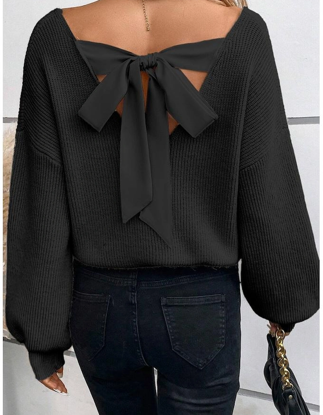 Black Lantern Sleeve V Neck Knot Back Sweater