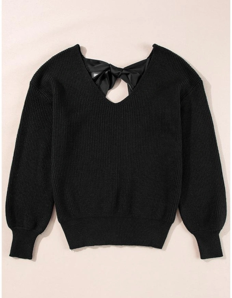 Black Lantern Sleeve V Neck Knot Back Sweater