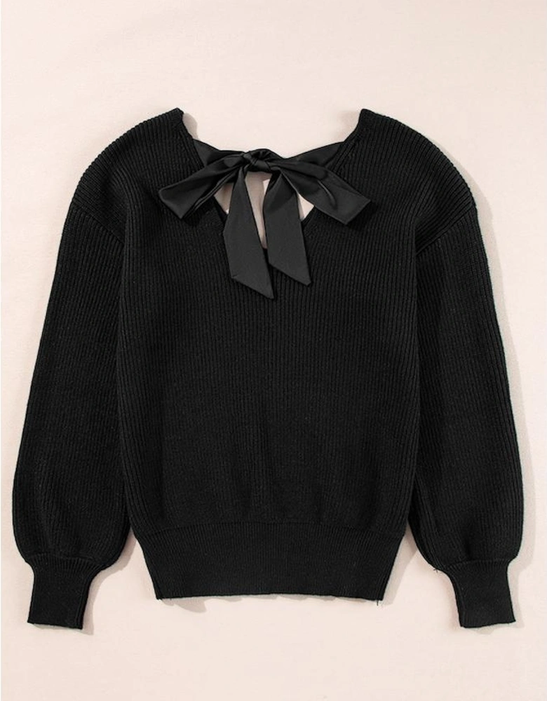Black Lantern Sleeve V Neck Knot Back Sweater