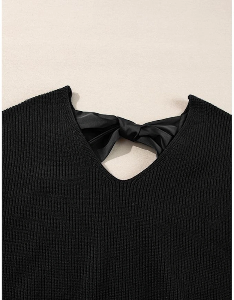 Black Lantern Sleeve V Neck Knot Back Sweater