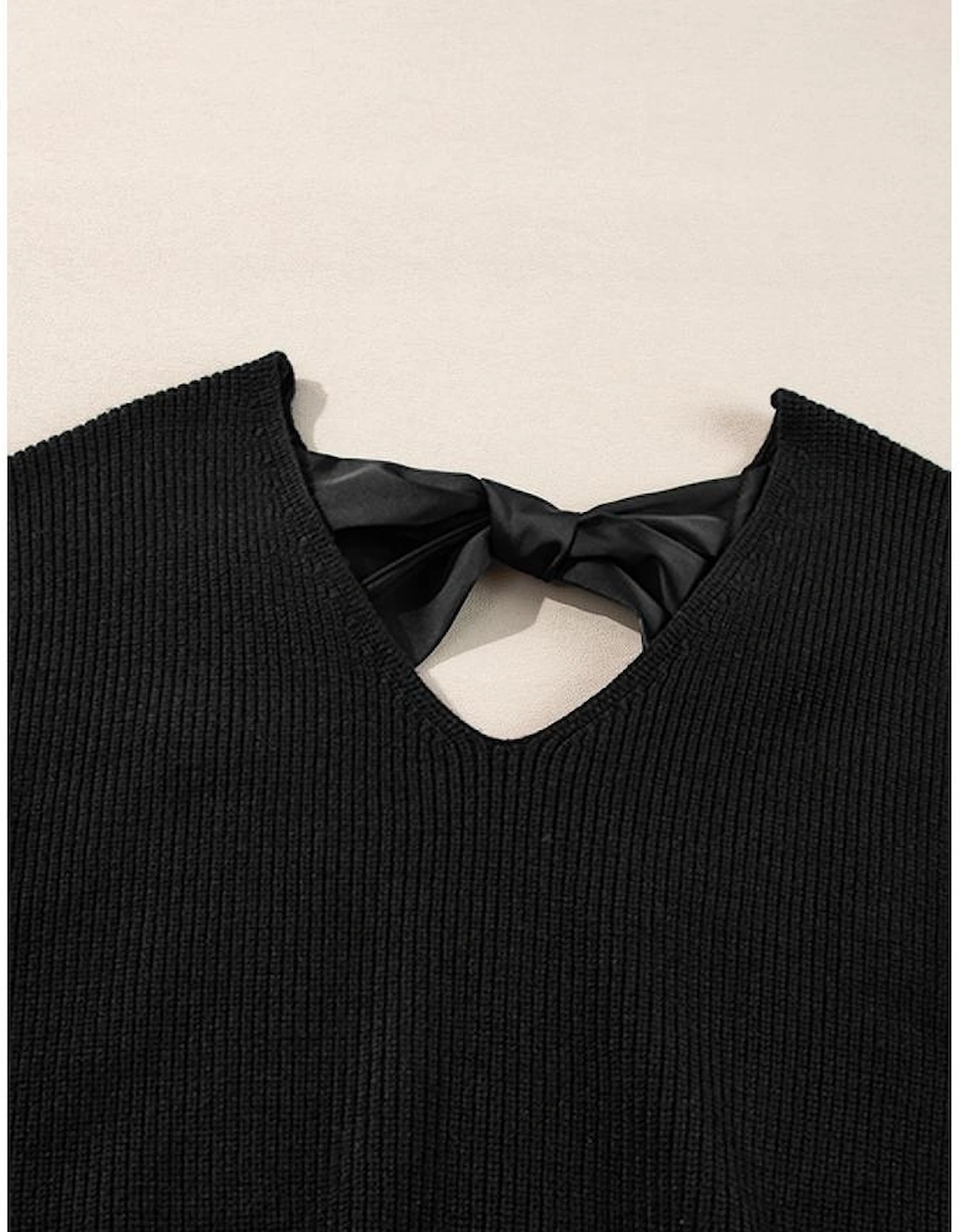 Black Lantern Sleeve V Neck Knot Back Sweater
