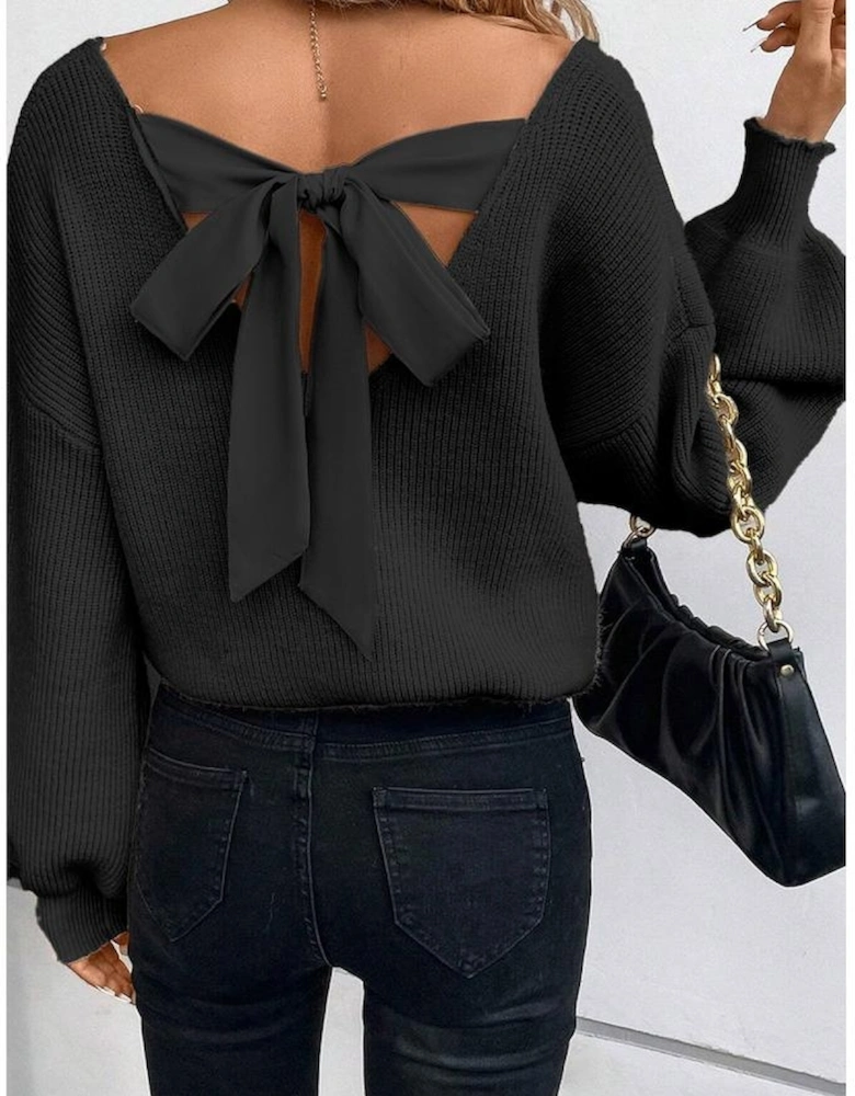 Black Lantern Sleeve V Neck Knot Back Sweater