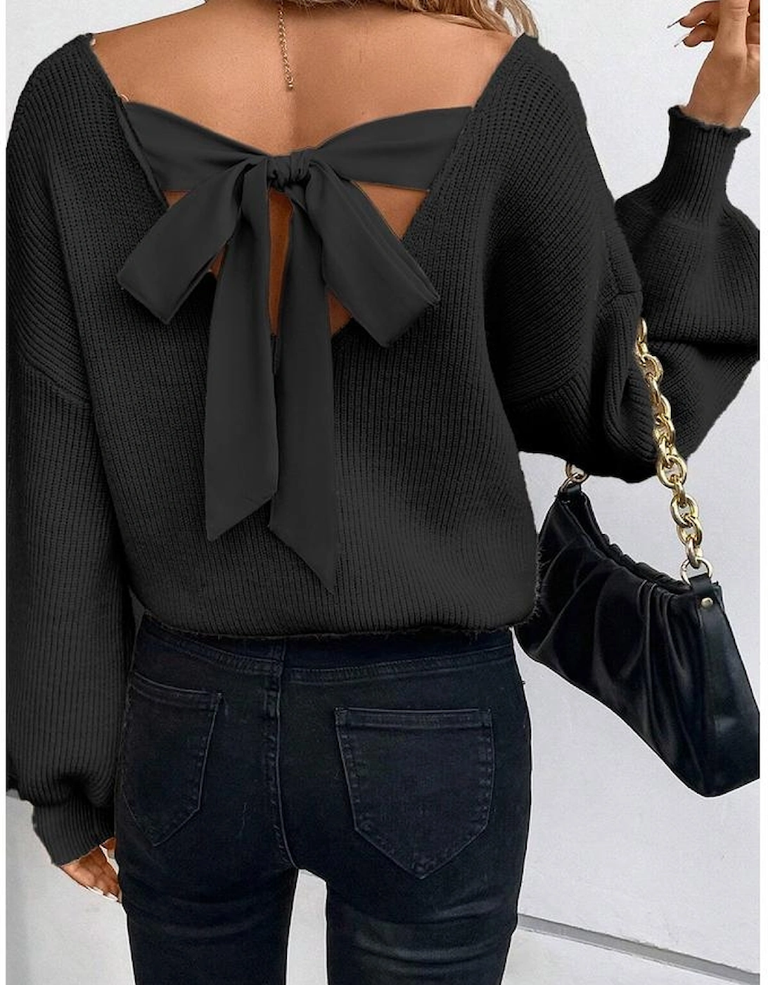 Black Lantern Sleeve V Neck Knot Back Sweater